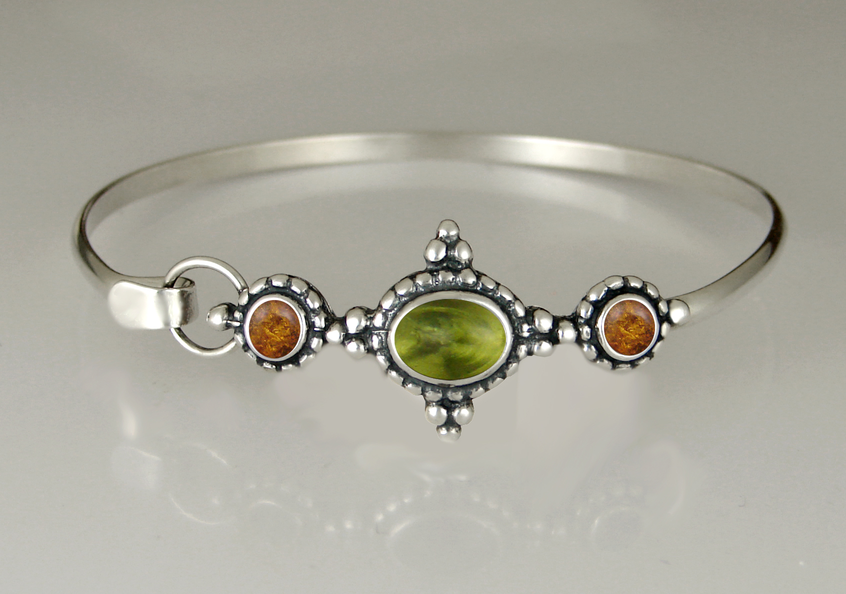Sterling Silver Strap Latch Spring Hook Bangle Bracelet With Peridot And Amber
